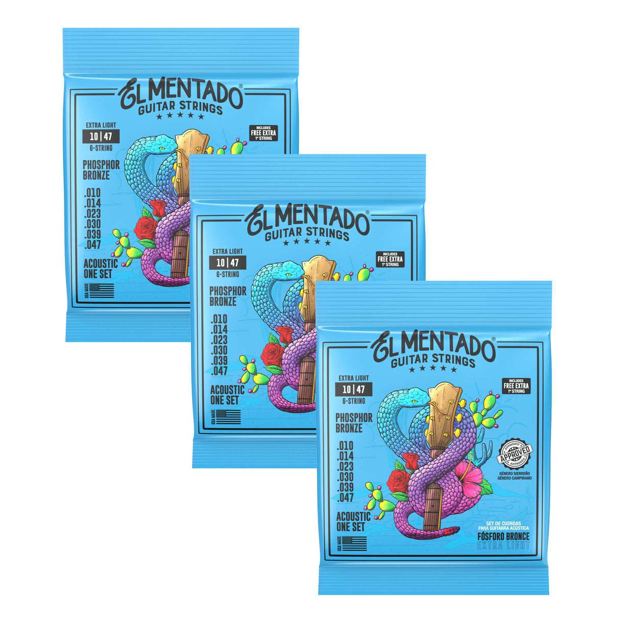 10|47 BRONCE FOSFORADO : Cuerdas Para Guitarra Acústica 3-PACK | EL MENTADO™