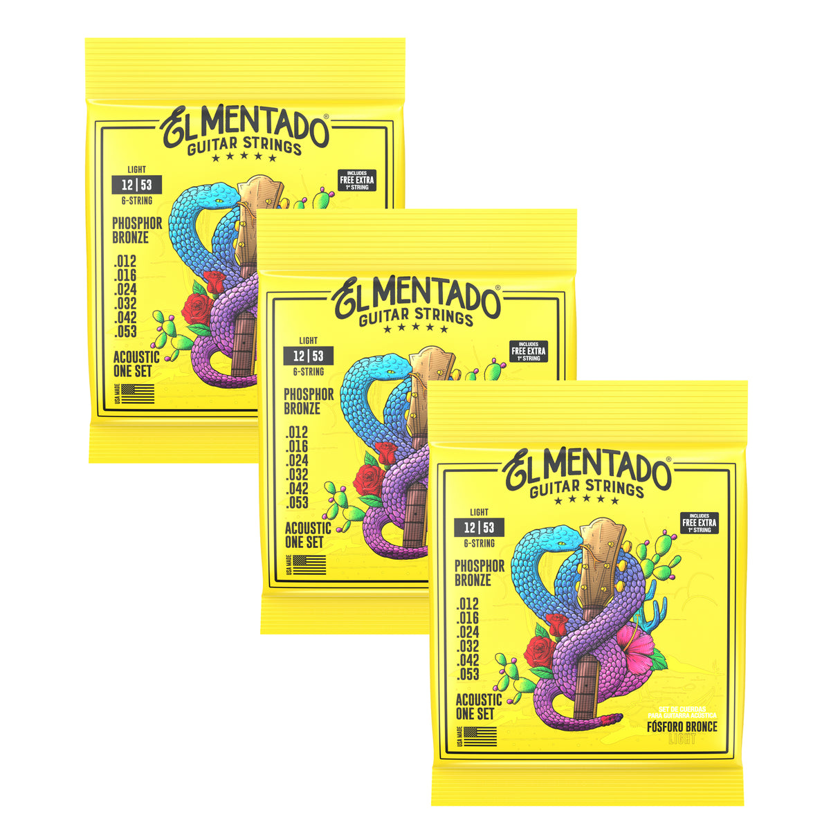 12|53 BRONCE FOSFORADO : Cuerdas Para Guitarra Acústica 3-PACK | EL MENTADO™